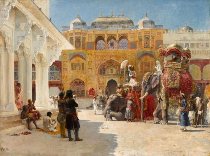 Edwin Lord Weeks 1888 The Arrival of Prince Humbert, the Rajah, at the Palace of Amber; Oil on canvas; Signed EL Weeks (& stamped with artist's seal) lower left; 132.1 x 99.1 cm
