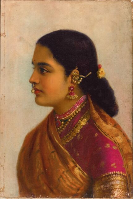 Raja Ravi Varma 1890 Portrait of a Young Woman in Russet & Crimson Sari; Oil on canvas; 32.4 x 48.3 cm