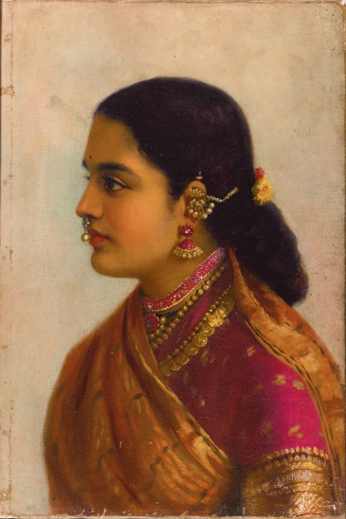 Raja Ravi Varma 1890 Portrait of a Young Woman in Russet & Crimson Sari; Oil on canvas; 32.4 x 48.3 cm