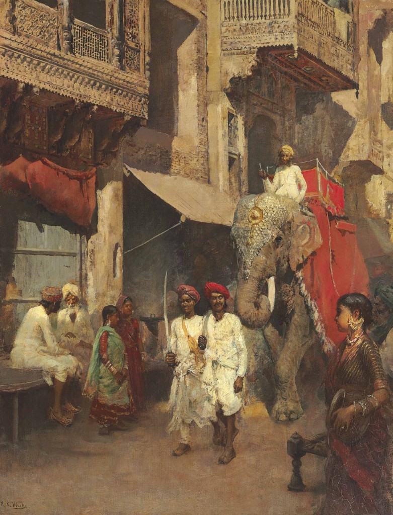 Edwin Lord Weeks 1882-85 Promenade on a Street in Ahmedabad with the Rajah’s Elephant led by Two Retainers; Oil on canvas; Signed 'EL Weeks' (lower left); 60 x 46.4 cm