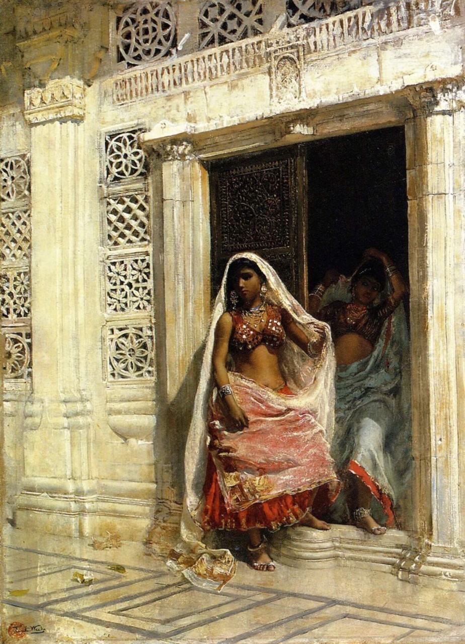 Edwin Lord Weeks 1885 Two Nautch Girls; Oil on canvas; Signed 'EL Weeks'; Stamped with the artist's Moghul device (lower left); 56 x 76.9 cm Christies June 2000