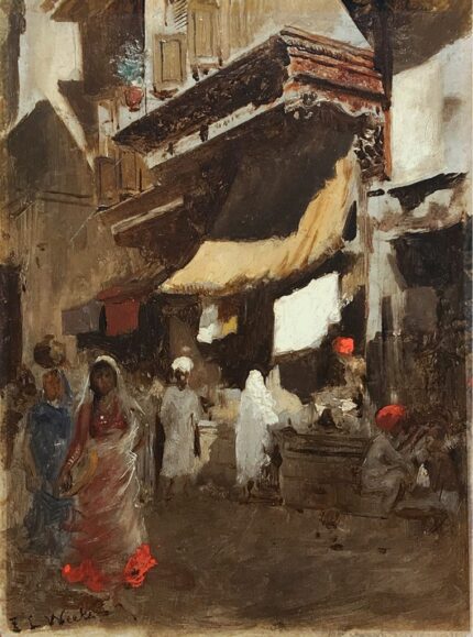 Edwin Lord Weeks 1880 Figures in a Bazaar, Bombay; Oil on board; Signed 'EL Weeks' lower left; Inscr 'Please return to EL Weeks 128 Av de Wagram, Paris' (back); 16 x 22 cm