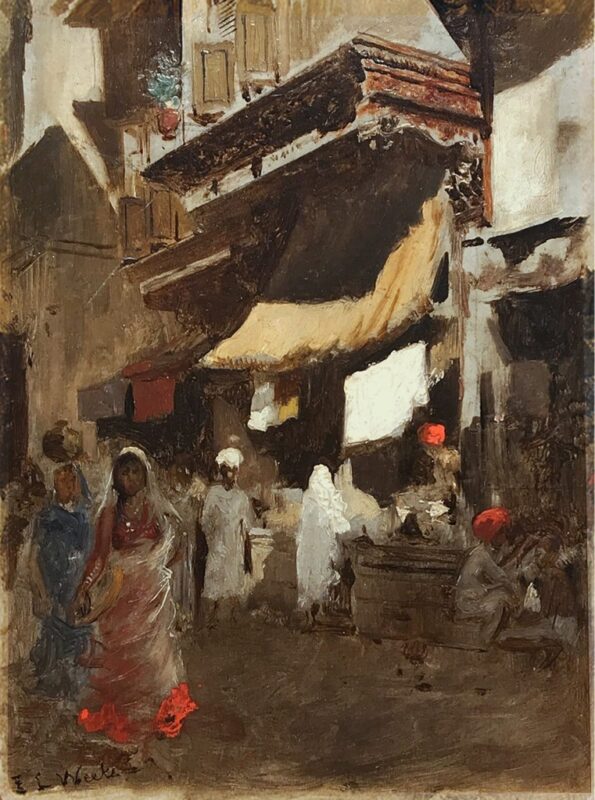 Edwin Lord Weeks 1880 Figures in a Bazaar, Bombay; Oil on board; Signed 'EL Weeks' lower left; Inscr 'Please return to EL Weeks 128 Av de Wagram, Paris' (back); 16 x 22 cm