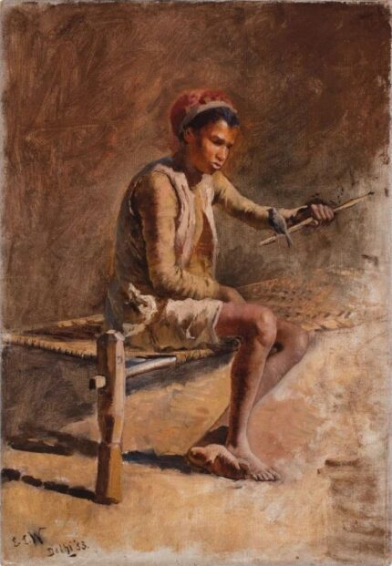 Edwin Lord Weeks 1883 Boy on a Charpoi holding a Bird on a Stick; Oil on canvas; Signed 'ELW Delhi 83' lower left; 35.6 x 51.4 cm