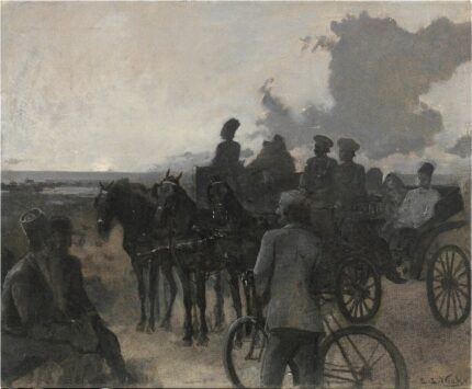Edwin Lord Weeks 1883 Sunset, Bombay (Modern Fire Worshippers); Oil on canvas, en grisaille; Signed 'EL Weeks' lower right; 45 x 37.5 cm