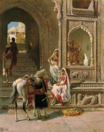 Edwin Lord Weeks 1885 A Meeting at the Steps of a Temple Gateway, Muttra; Oil on canvas; Signed 'EL Weeks' with the artist's seal (lower left); 57.2 x 71.1 cm