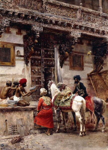 Edwin Lord Weeks 1885 Craftsman Selling Cases by a Teak-Wood Building, Ahmedabad; Oil on canvas; Signed 'EL Weeks' (lower left); 73 x 100.4 cm
