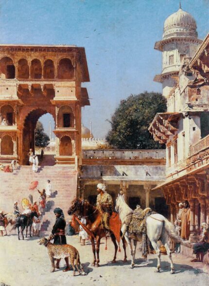Edwin Lord Weeks 1885 Departure for the Hunt; Oil on canvas; Signed 'EL Weeks' & stamped with the artist's seal (lower left); 69.3 x 95.3 cm