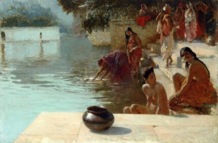 Edwin Lord Weeks 1895 Indian women bathing near Tripolia Ghat on Pichola Lake, Udaipur; Oil on canvas; Signed 'EL Weeks' lower right'; 77.5 x 51.4 cm