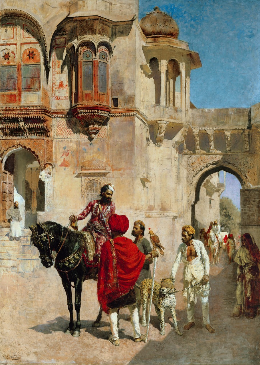 Edwin Lord Weeks 1898-1900 Departure for the Hunt in the Forecourt of a Palace of Jodhpore; Oil on canvas; signed 'EL Weeks' (lower left); 71.1 x 99 cm