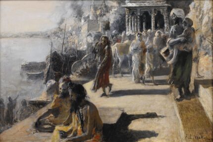 Edwin Lord Weeks 1900-01 View along the Ghats in Benares; Oil on board; Signed 'EL Weeks' (lower right); 45.5 x 30 cm