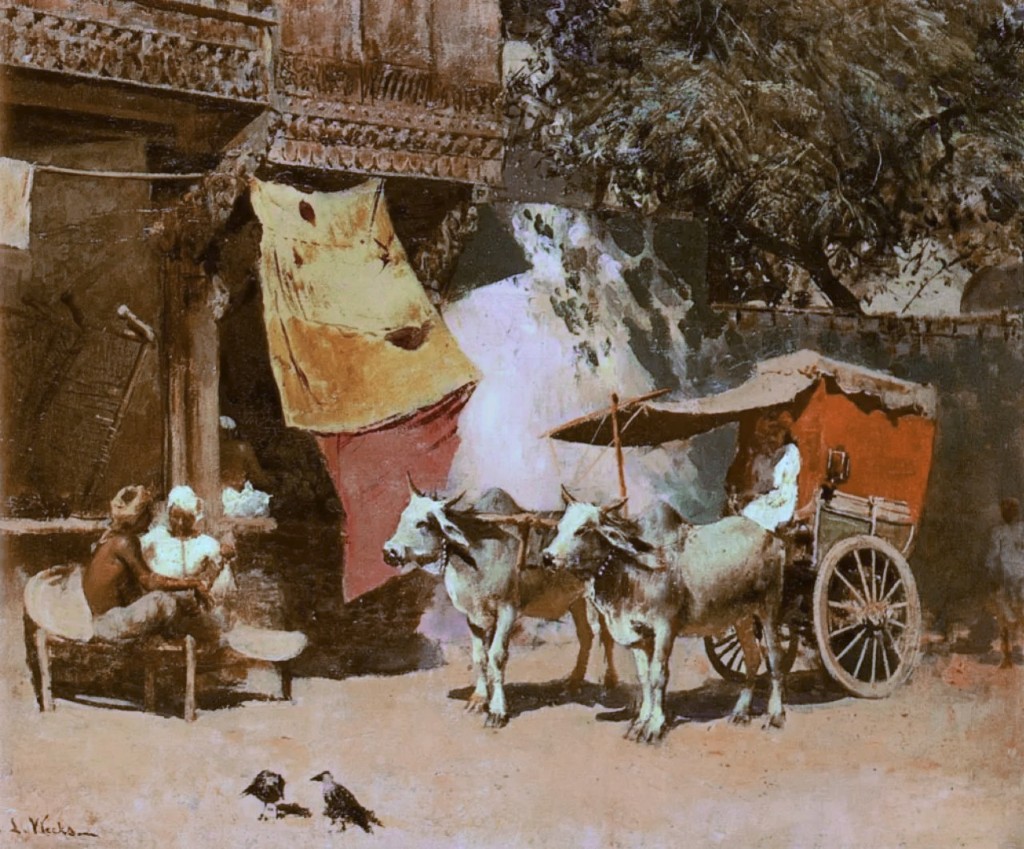Edwin Lord Weeks An Indian Gharry (Ox Cart) before Old Shops & Carved Woodwork, Ahmedabad, India; Oil on canvas; Signed 'EL Weeks' lower left