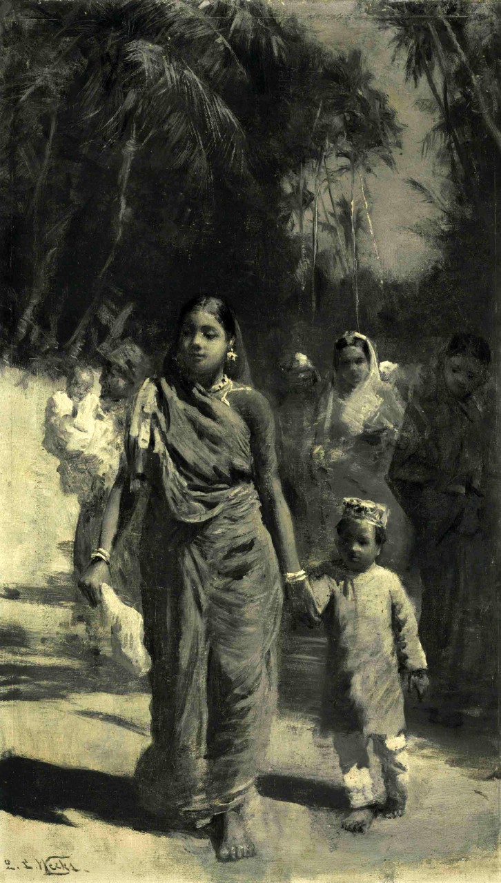 Bombay Women & Children out for a Holiday Edwin Lord Weeks Bombay Women & Children out for a Holiday; Oil en grisaille on canvas laid on board; Signed 'EL Weeks' (lower left); 24.5 x 42 cm