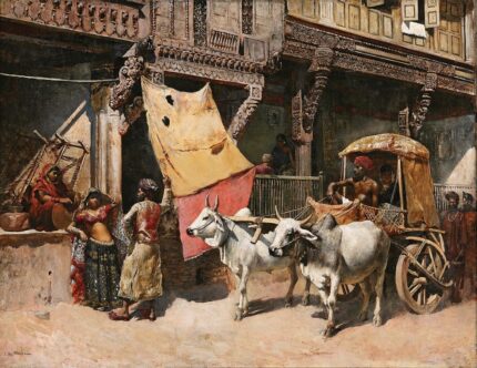 Edwin Lord Weeks Bullock Cart before Stores & Houses, Ahmedabad, India; Oil on canvas; Signed lower left; 'WE Seebold, New Orleans' label (back); 81.6 x 63.5 cm