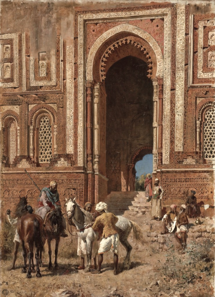 Edwin Lord Weeks Indian Horsemen at the Gateway of Alah-Ou-Din, Old Delhi; Oil on canvas; Signed 'EL Weeks' & stamped with seal lower left; 70 x 96 cm