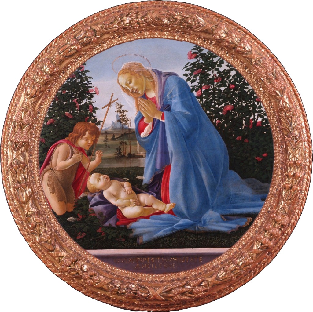 Sandro Botticelli 1475-80 Madonna adoring the Child & little Saint John; Tempera on poplar board; Musei Civici di Palazzo Farnese, Piacenza, Italy; Dia 96.5 cm
