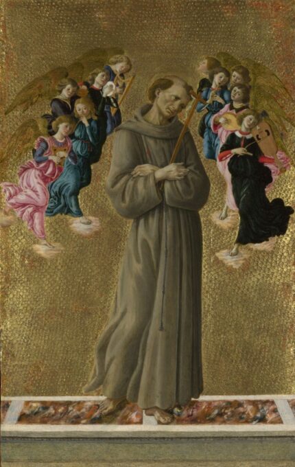 Sandro Botticelli 1475-80 Saint Francis of Assisi with Angels; Egg tempera with some oil on wood; The National Gallery, London, UK; 31.8 x 49.5 cm