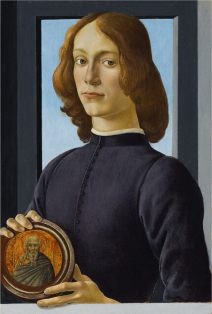 Sandro Botticelli 1480 Portrait of a Young Man holding a Roundel; Tempera on poplar panel; 39.4 x 58.4 cm