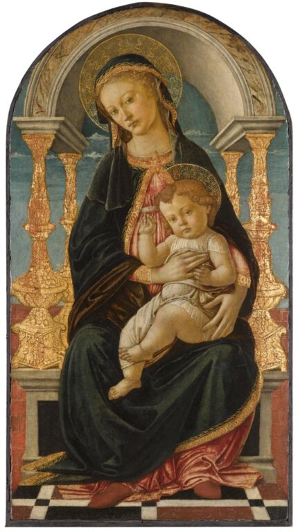 Sandro Botticelli 1480s The Virgin & Child Enthroned; Mixed media with gilding on panel, arched top; 44.9 x 83.3 cm