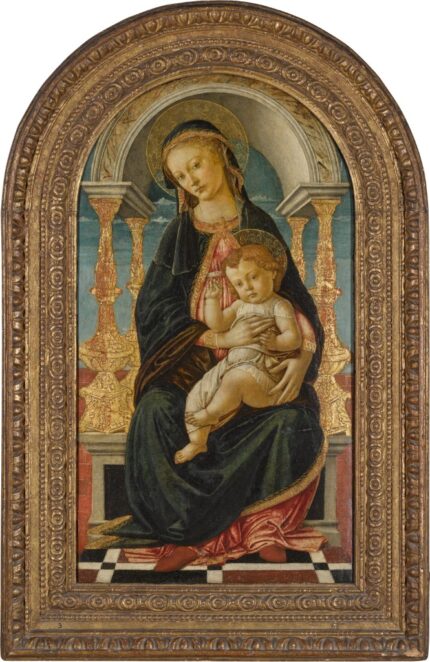 Sandro Botticelli 1480s The Virgin & Child Enthroned; Mixed media with gilding on panel, arched top; 44.9 x 83.3 cm frame-pr