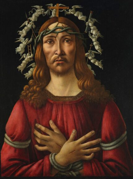 Sandro Botticelli 1500 The Man of Sorrows; Tempera & oil on panel; Inscribed along the neckline of Christ's robe 'CHR]ISTO JESVNAZAR ENOR'; 51.4 x 69 cm