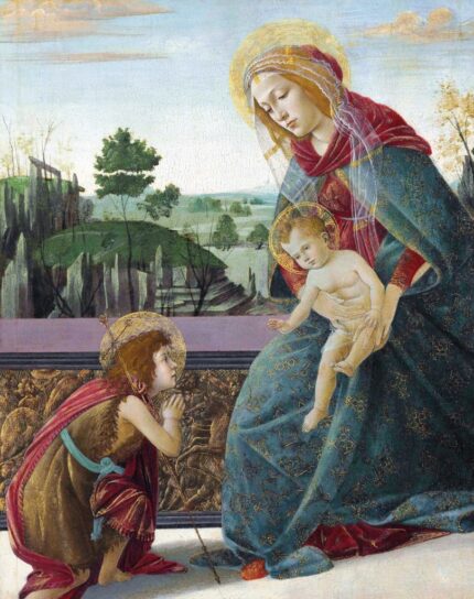 Sandro Botticelli The Rockefeller Madonna - Madonna & Child with Young Saint John the Baptist; Tempera, oil & gold on panel; 36.8 x 46.3 cm