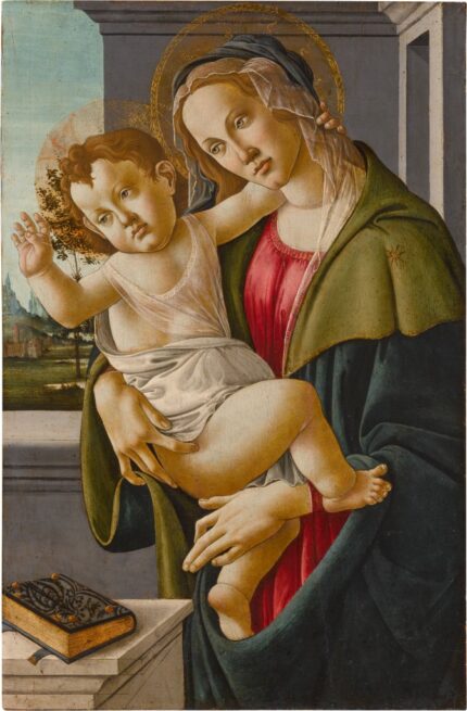 Sandro Botticelli, and Studio The Virgin & Child, with a Landscape beyond; Mixed media & gilding on panel; 49.5 x 76.2 cm