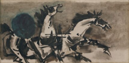 MF Husain 1970 Tearing Apart; Oil on canvas; Signed 'हुसेन' lower right; 183 x 91.5 cm