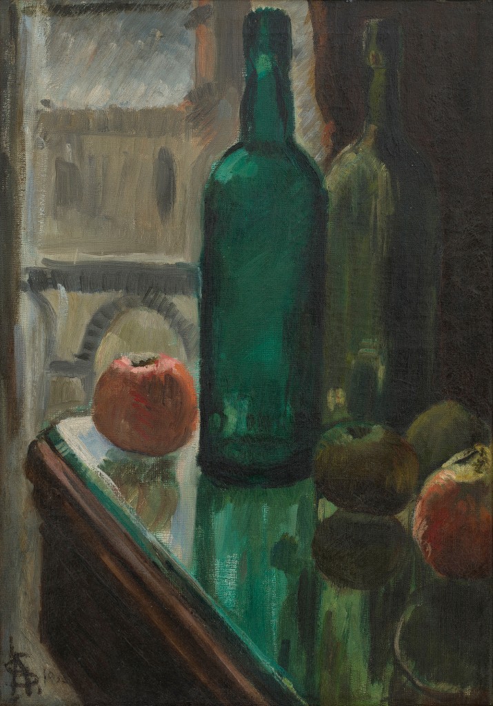 Amrita Sher-Gil 1932 Still Life with Green Bottles & Apples; Oil on canvas; Signed 'AS 1932' lower left; 37 x 52.5 cm