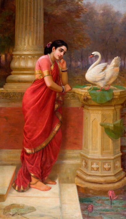 Raja Ravi Varma 1899 Damayanti & the Hamsa; Oil on Canvas; 83 x 150 cm